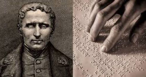Προσωπογραφία του Λουδοβίκου Μπράιγ. Ένα κείμενο σε braille και το χέρι ενός ανθρώπου που διαβάζει με την αφή.